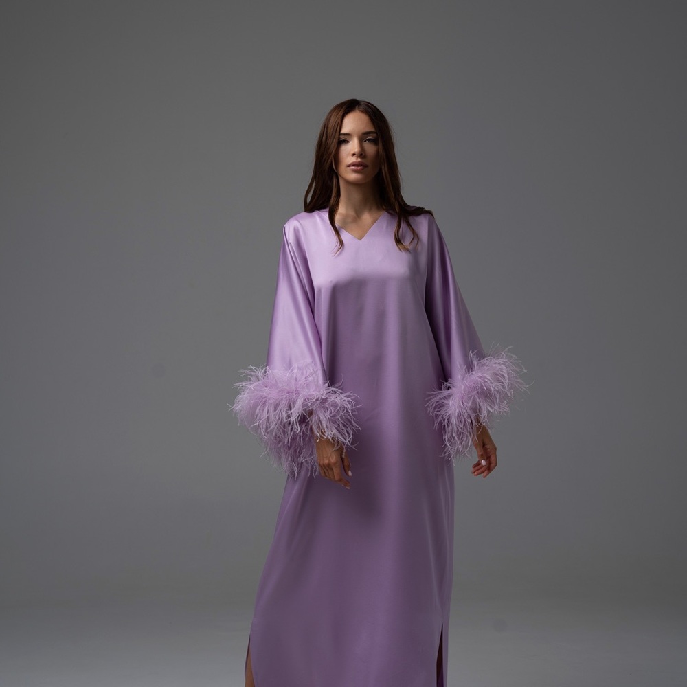 Lavender Satin Feather Cuff Nightgown